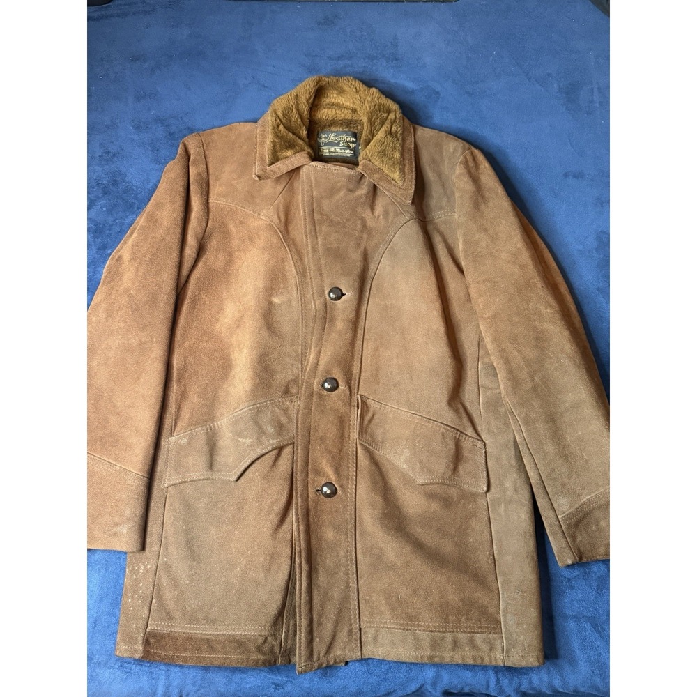 Vintage Sears The Leather Shop Suede Western Jacket Faux Fur Lined Tan 44 Tall